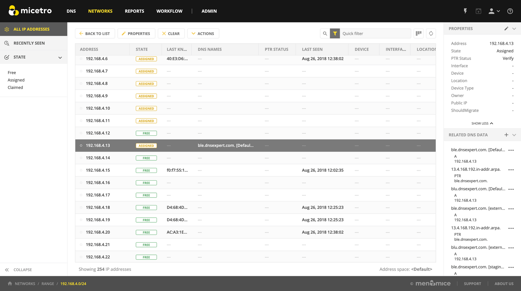 Related data for IP addresses in Micetro 10.0