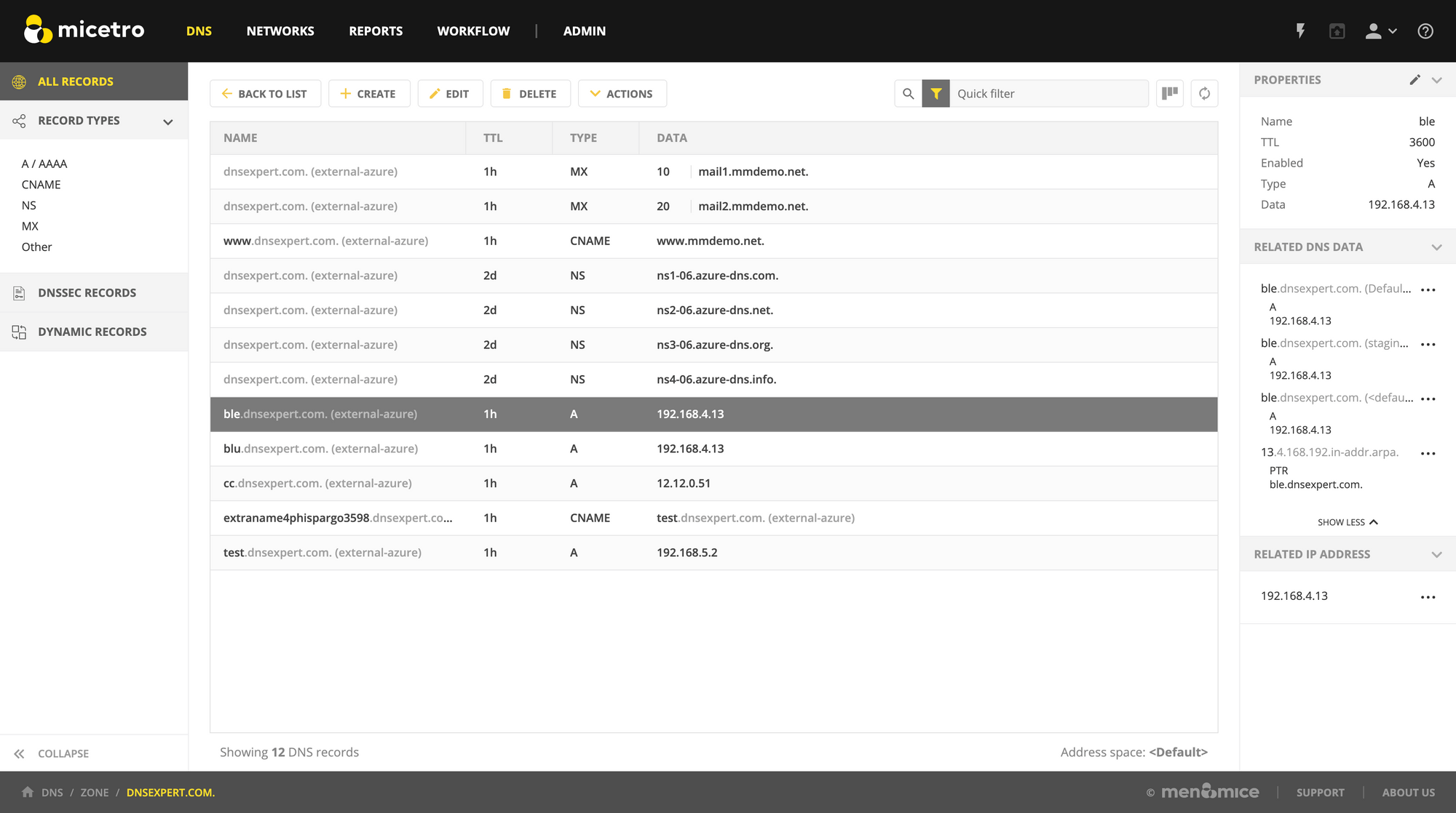 Related DNS data in Micetro 10.0